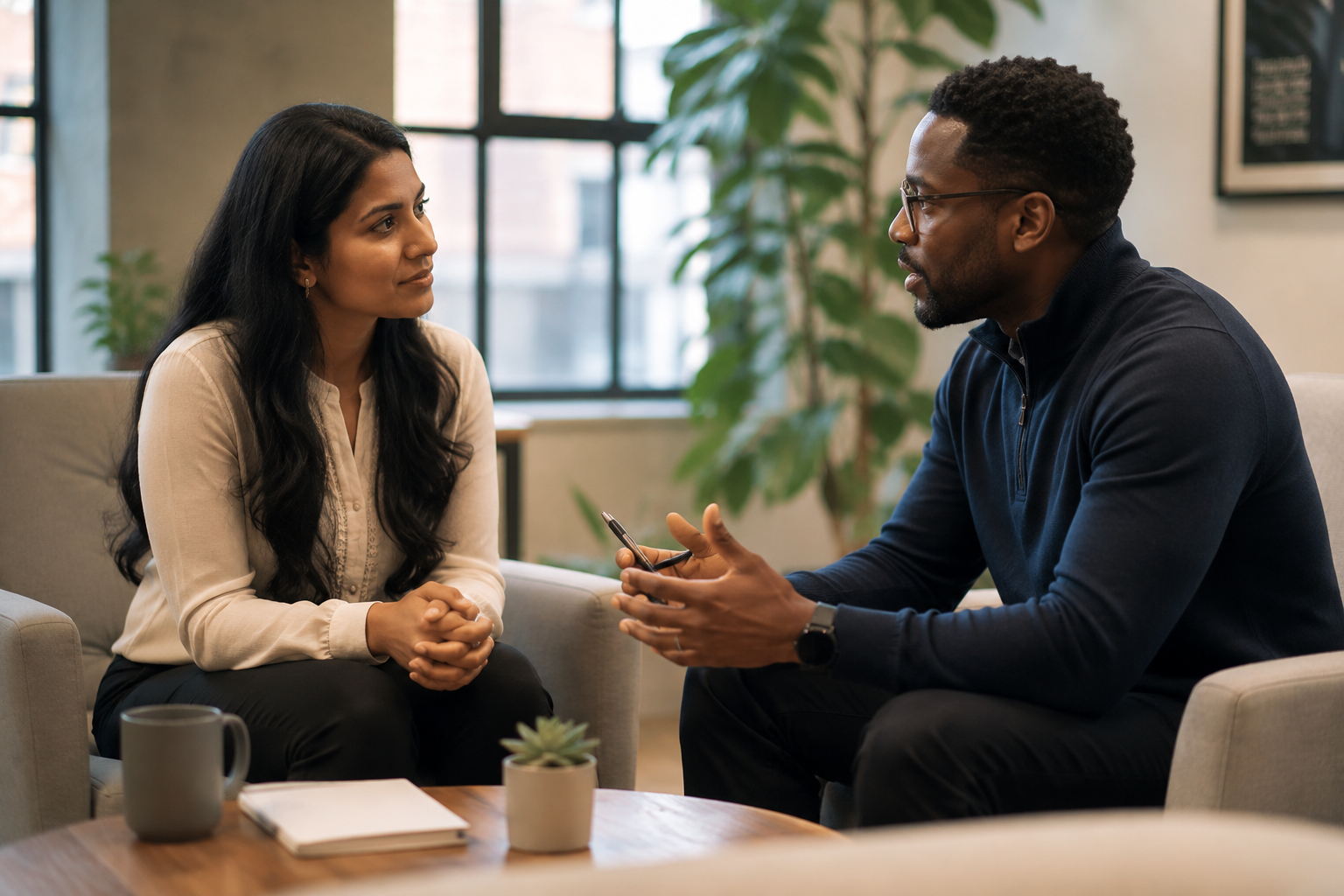 A manager in a one-to-one conversation